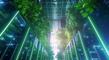 Fototapete - Futuristic data center surrounded by greenery with illuminated green lights on servers for highlighting sustainability innovation eco-friendly solutions in modern technology infrastructure concept.