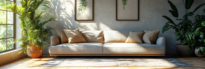 Poster - A cozy living room with a beige sofa, plants, and natural light.