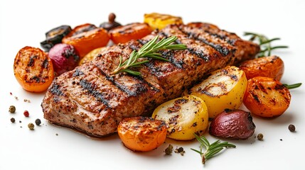 Grilled Steak and Vegetables with Rosemary Garnish