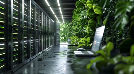 Poster - modern data center with a lush green wall, showcasing the concept of sustainable and eco-friendly technology.