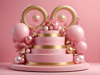 abstract pastel ribbon merry christmas happy new year valentine gold podium platform on pink background)