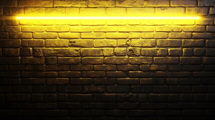 Poster - A single yellow neon light illuminates a brick wall.