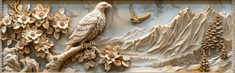 Wall Mural - Carved Mountain Scene with Eagle