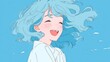 © JH - A cute girl with light blue hair laughing heartily in the sky, wearing an oversized shirt with blonde curls. The bright blue background enhances her joyful expression and carefree demeanor