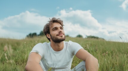 Relaxed young man enjoying a peaceful spring day on a scenic hillside for print or poster