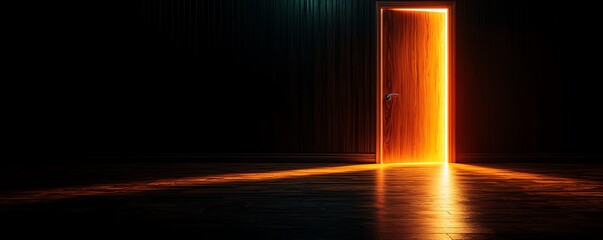 A mysterious door stands ajar, glowing with warm light, inviting curiosity and evoking a sense of wonder in a dark room.