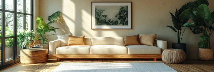 Canvas Print - A modern living room with a beige sofa, large windows, and potted plants.