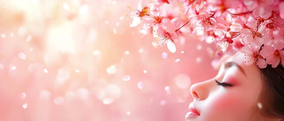 A serene portrait of a woman in a floral setting, embodying tranquility and beauty amidst soft pink blossoms.