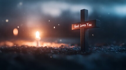 Illuminated cross with 'God Loves You' inscription in misty atmosphere, candle in background, symbolizing faith, hope, and remembrance.