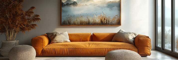 Poster - A large, plush orange sofa sits in a minimalist living room with a large framed print above it.