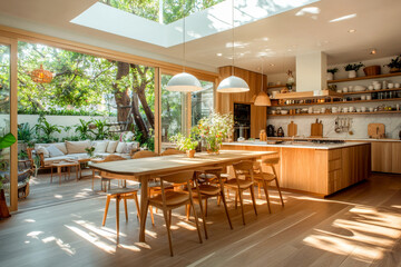 An open-plan kitchen and dining area with large skylight, modern wooden furniture, and verdant garden view, offering a seamless and bright transition between indoor and outdoor living.