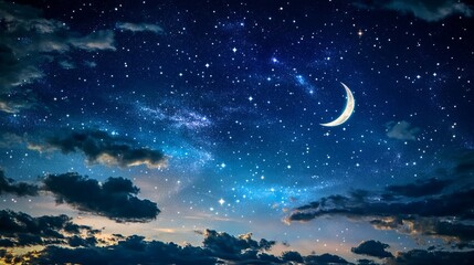 20. A captivating night sky with a crescent moon and starry backdrop, designed for a Ramadan greeting card, representing the spirituality and beauty of the holy month