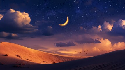 21. A mystical night sky with a crescent moon peeking through clouds, set against the foreground of a hot desert sand dune, creating an ethereal and surreal scene