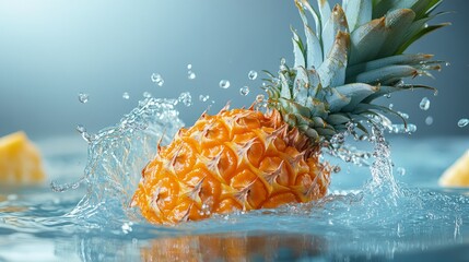 Ripe Pineapple Plunging into a Refreshing Splash of Water