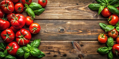 Sticker - Fresh tomatoes and basil on rustic wooden background, Tomatoes, Basil, Fresh, Organic, Ingredient, Healthy, Red, Green