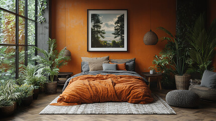 Wall Mural - A cozy bedroom with a large window, plants, and an orange throw blanket.