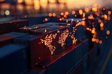 Beautiful sunset over shipping containers, showcasing a world map made of lights, symbolizing global trade and connectivity.