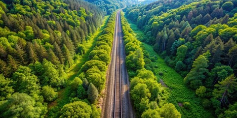 Sticker - Aerial view of railway cutting through lush summer forest, railway, train, tracks, transportation, summer, forest