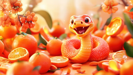 Wall Mural - A charming orange snake with large, gleaming eyes in a delightful setup of oranges and blossoms, exuding a joyful and animated vibe. 2025 year of the snake. Copy space for your text.