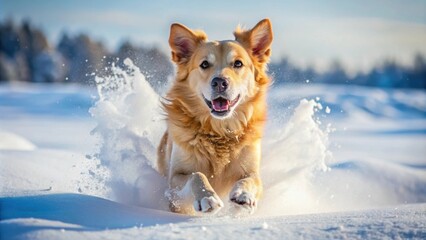 Poster - Dog playing in fresh snow , winter, playful, pet, white, cold, outdoor, fun, fluffy, canine, seasonal, adorable, animal