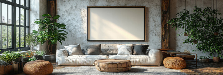 Wall Mural - Modern living room with a large blank canvas for art or a TV.