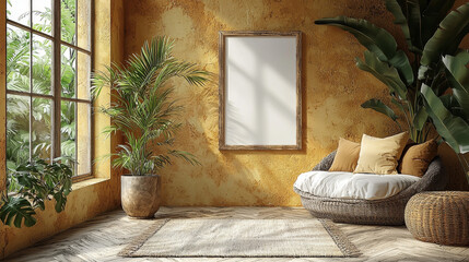 Wall Mural - Cozy living room with wicker furniture and a large framed poster.