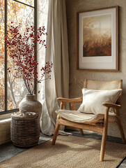 Canvas Print - Cozy living room corner with a comfy armchair and a natural woven rug.