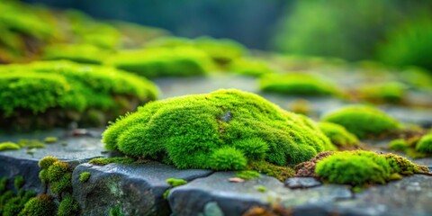 Wall Mural - Green moss covering the surface of a weathered stone, nature, texture, background, aged, growth, earthy, organic, foliage