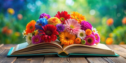 Wall Mural - Vibrant flowers in a colorful book, , flowers, colorful, book, vibrant, petals, design,spring, summer, artistic