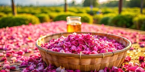 Sticker - Essential oil production from freshly picked rose petals at a flower farm , Essential oil, rose petals