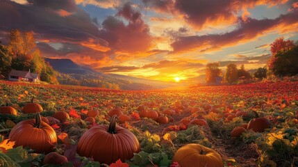 Canvas Print - Vibrant Autumn Pumpkin Patch Sunset Landscape