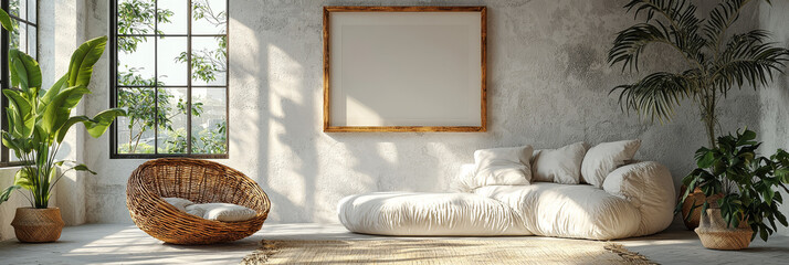 Poster - Cozy living room with a large, white sofa and a wicker armchair.