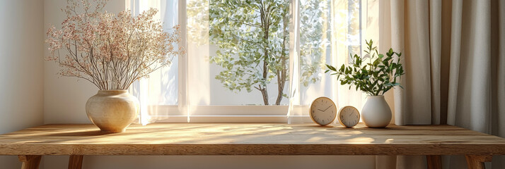 Canvas Print - Sunlight streams through a window, illuminating a wooden table with vases and clocks.