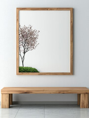 Poster - Minimalist art print of a tree on a white wall above a wooden bench.