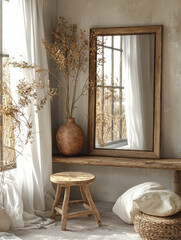 Wall Mural - Rustic wooden stool and bench with dried flowers in a vase and a large mirror in a minimalist, boho-chic interior.