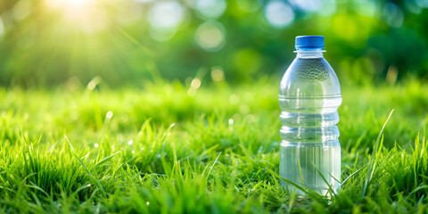 Cold water bottle placed on vibrant green grass , refreshing, hydration, summertime, outdoor, relaxation, chill