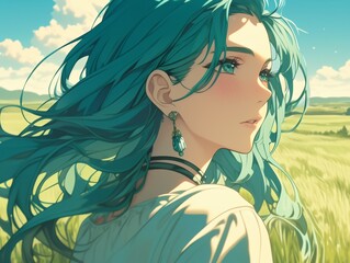 Wall Mural - an anime girl with long green hair, adorned with light blue and silver earrings, standing in a grassy field under a clear sky. Her serene expression reflects calmness as she gazes into the distance