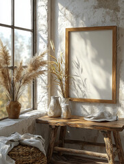 Wall Mural - Rustic farmhouse decor with a blank canvas frame ready for your design.