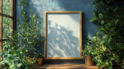 Wall Mural - Blank frame on a wall with potted plants.