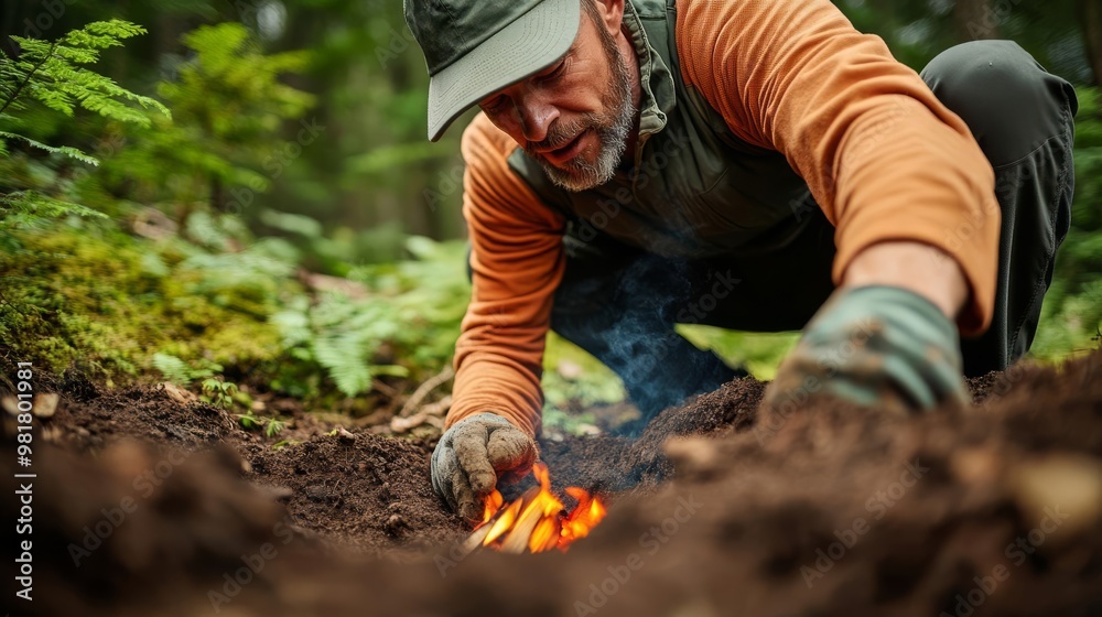 Fire Dig Camper digging a Dakota fire hole for a low-smoke fire in the forest ...