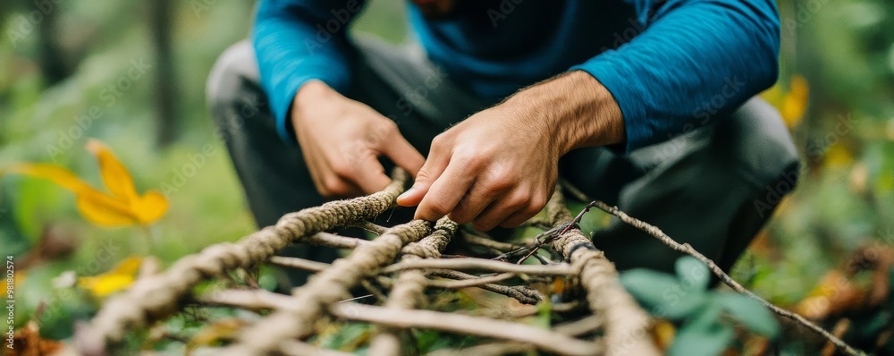 Camper making a rope ladder from vines and branches, camping survival ...