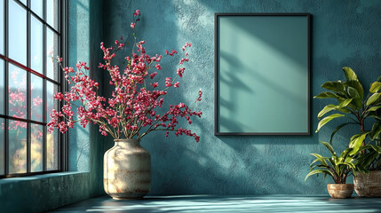 Poster - A vase of pink flowers against a teal wall with a framed picture.