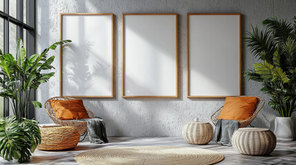 Three blank frames in a modern living room with wicker furniture and tropical plants.