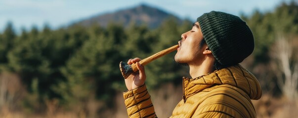 Individual making a bird call using a handmade whistle, camping survival, wildlife attraction techniques