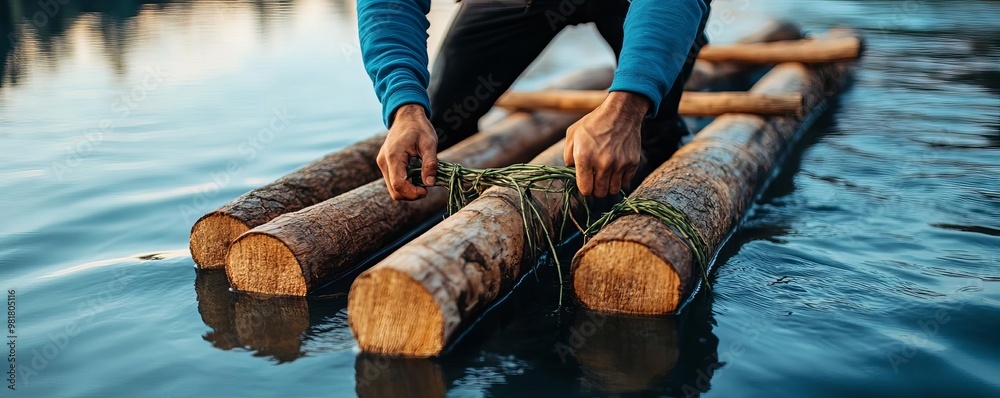 Photo Rowing A Log Raft Person constructing a rudimentary raft with logs and vine ropes ...