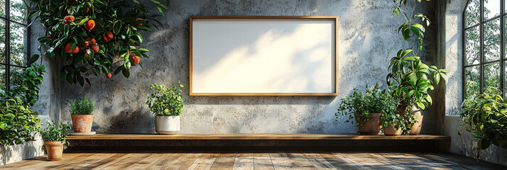 Poster - Empty frame on a rustic wall with plants.