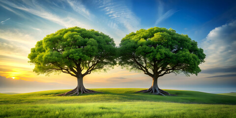 Two distinct trees with intertwined branches in a serene meadow symbolizing unity and trust, unity, trust, nature