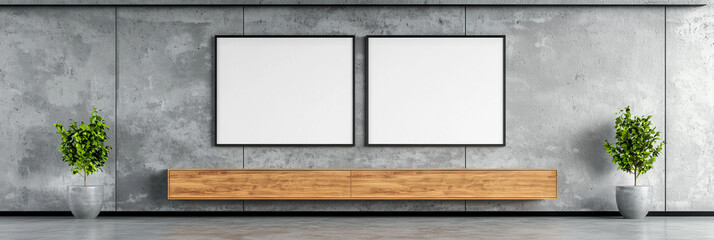 Poster - Two blank frames hang above a wooden shelf against a concrete wall.