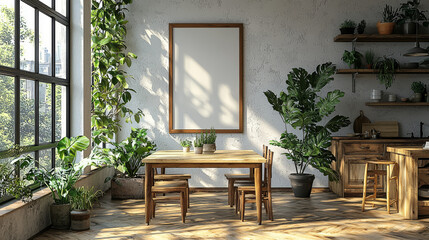 Bright, airy dining room with wooden table and chairs, framed poster on wall, and large window overlooking a tree.