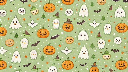 Cute Halloween seamless mini light green pattern with smiling pumpkins, ghosts, bats, and witches, Halloween, seamless, mini